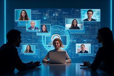 Image representing a virtual meeting or consultation, showing people connecting digitally.